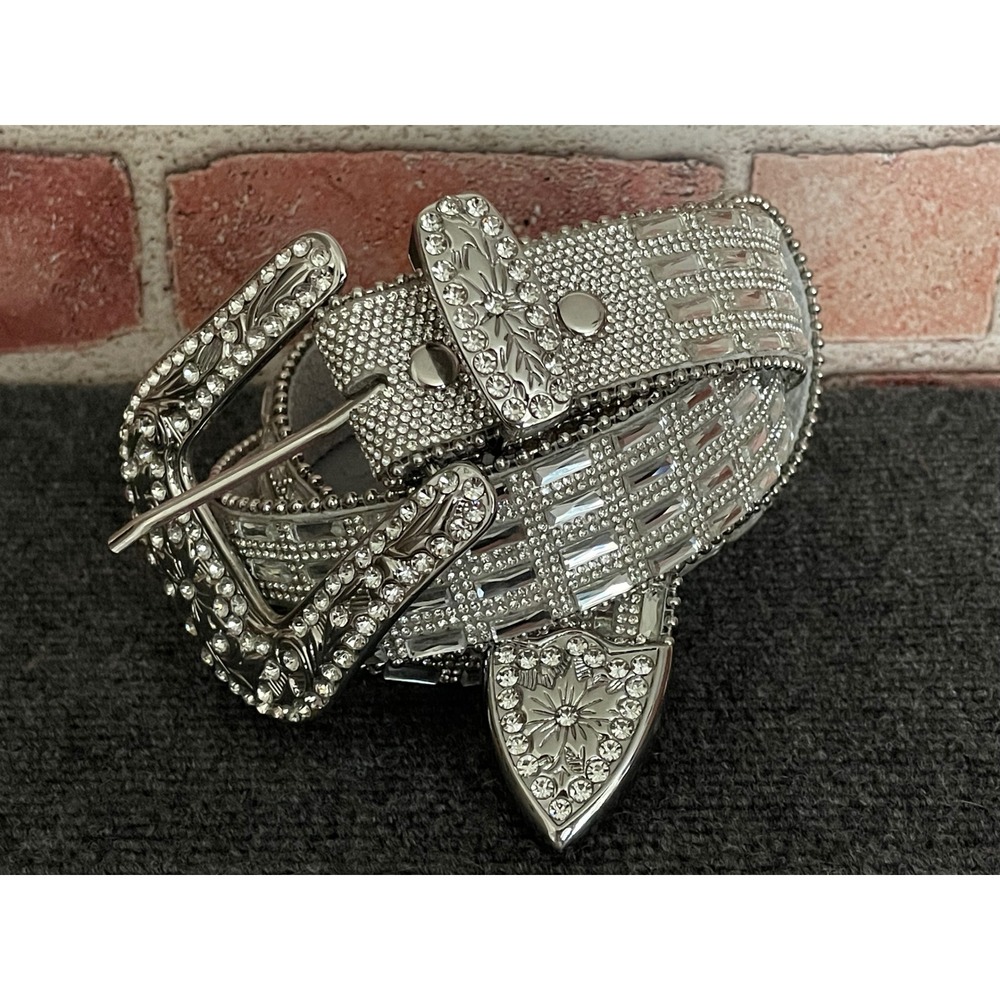Western Rhinestone Crystal Genuine Leather Belt Silver Baguette Bling 6552 ML